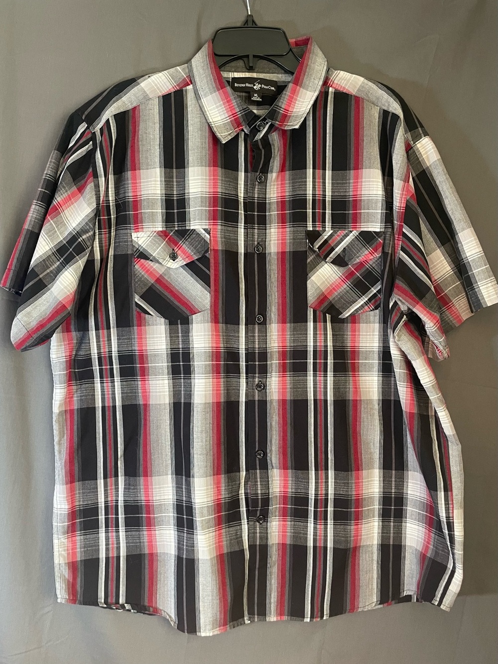 Beverly Hills Polo Club Black, White & Red Short-Sleeve Plaid Button-Down Shirt